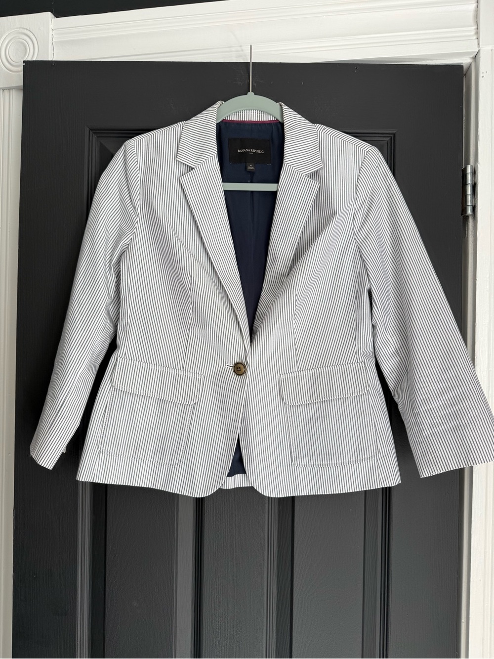 Banana Republic White and Navy Pinstripe Single-Button Blazer